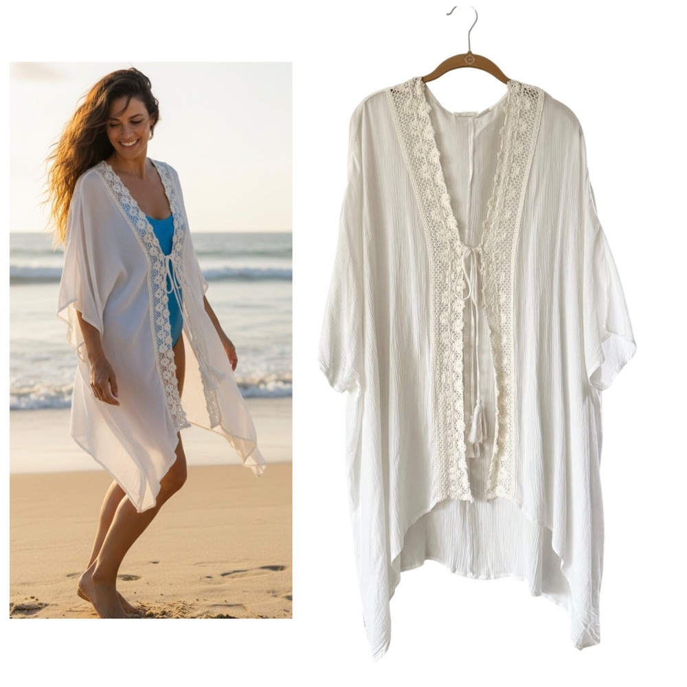 Women’s Boho White Crochet Lace-Trim Swim Cover-Up Size S/M Rayon Tassel Tie